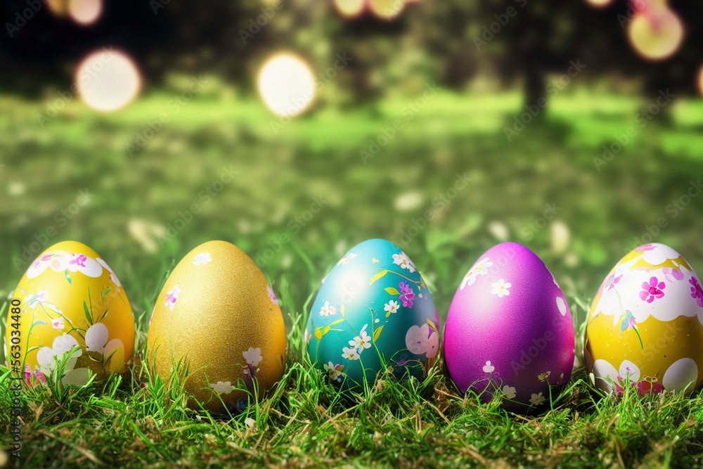 Photo of colored easter eggs laying in grass outside