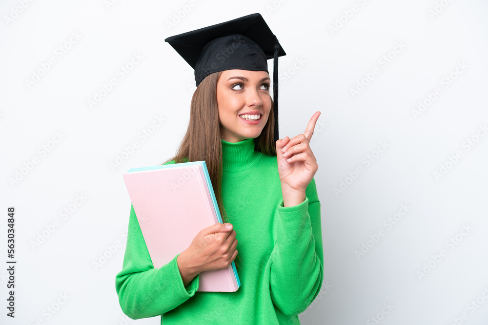 Young student caucasian woman isolated on white background pointing up a great idea Young student caucasian woman isolated on white background pointing up a great idea