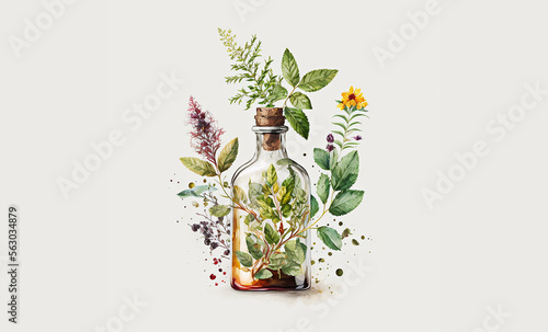 Herb oil bottles homeopathy herbs. Generative AI,