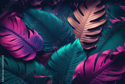 Colorful of tropical palm leaves pattern background. Retro tone color style. Generative AI