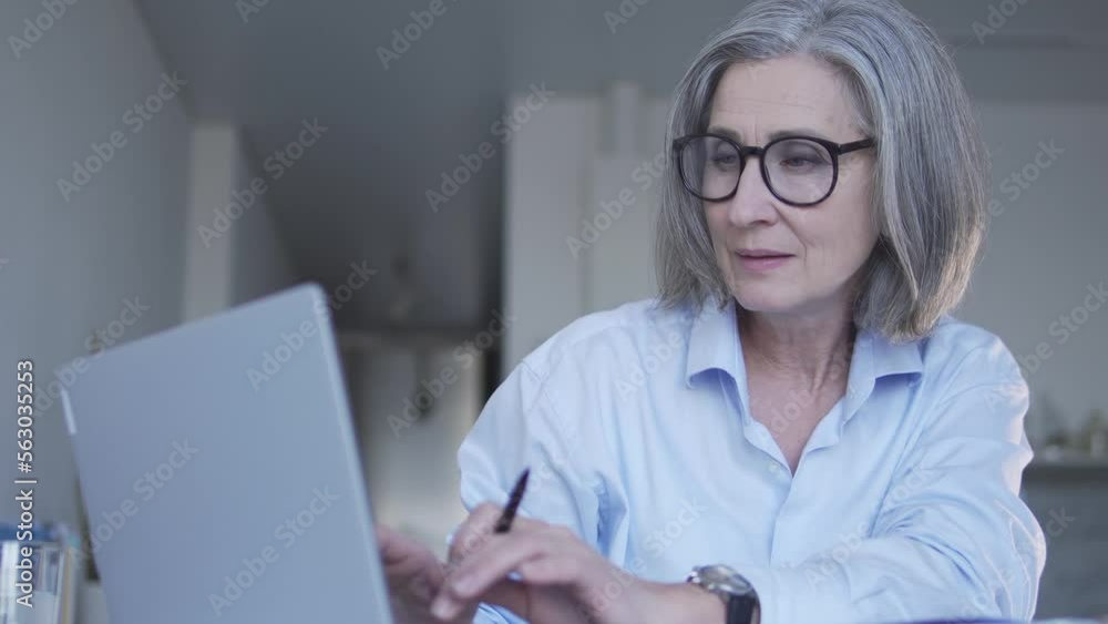Concentrated woman accountant in private firm working on laptop at home office, counting amounts of expenses and incomes for the month, making notes in a notebook, is attentive to details Concentrated woman accountant in private firm working on laptop at home office, counting amounts of expenses and incomes for the month, making notes in a notebook, is attentive to details