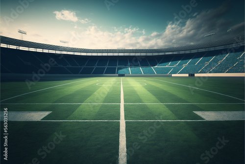 Soccer field inside large stadium, green grass, generative ai