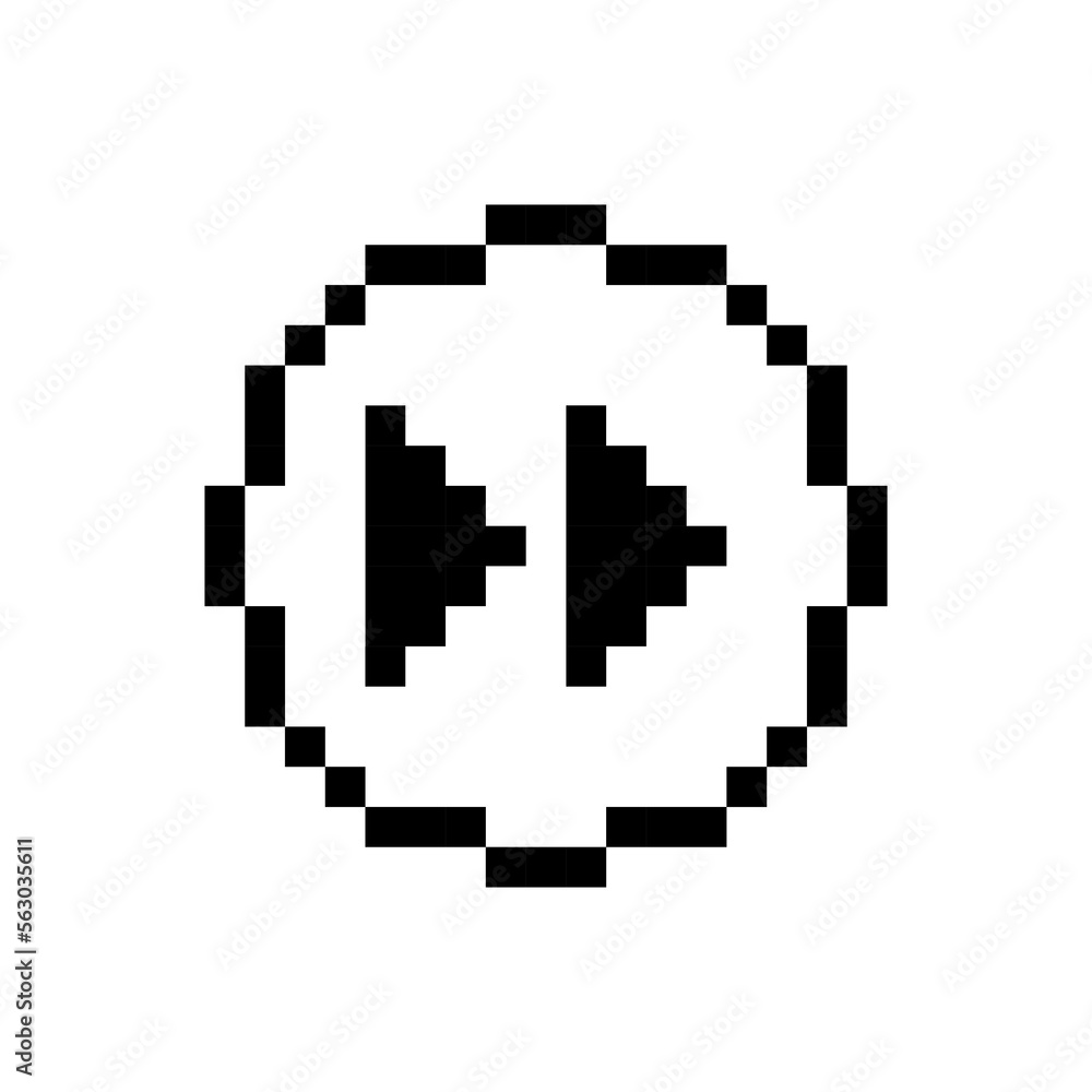 Black rewind button, pixel art design style.