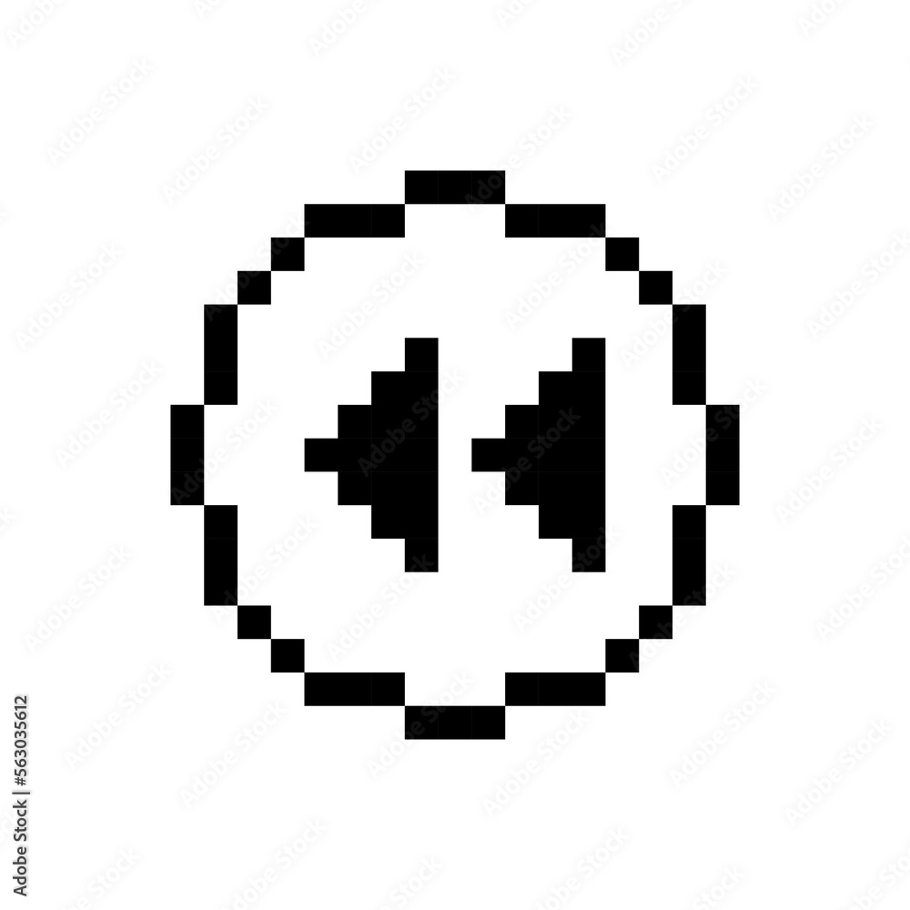 Black rewind button, pixel art design style. Black rewind button, pixel art design style.