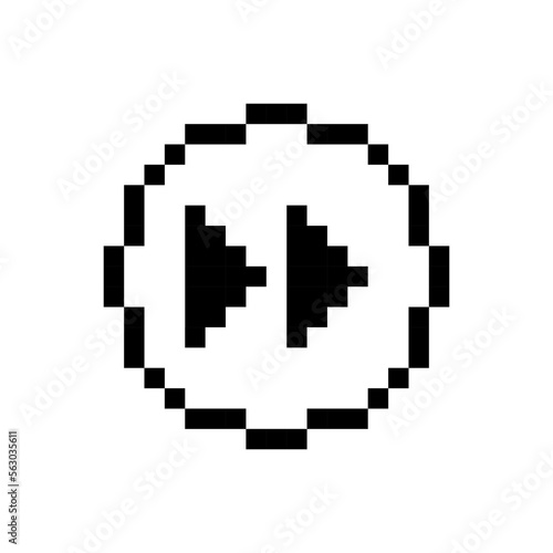 Black rewind button, pixel art design style.