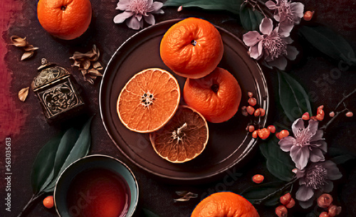 Chinese New Year background with tangerines. Generative AI.