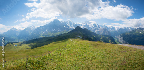 view from Mannlichen mountain to famous glacier group Eiger Monch Jungfrau, switzerland