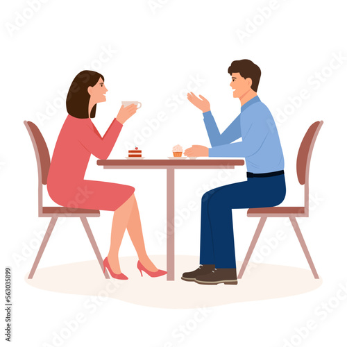 Lovers chatting in restaurant. Couple in love drinking coffee. Man and woman spending time together. Valentines Day. Vector illustration.