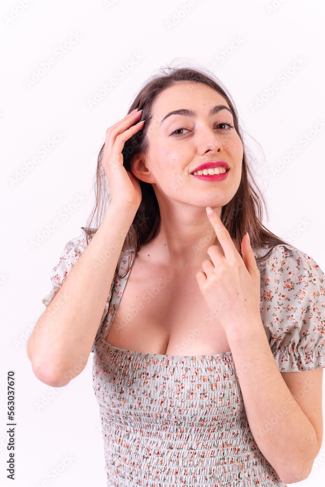 Portrait of caucasian woman looking at camera white background, close-up, smiling Portrait of caucasian woman looking at camera white background, close-up, smiling