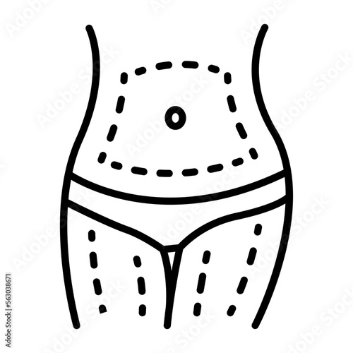 lipoplasty and body contouring concept, Panniculectomy surgery vector line icon design, beauty and personal care symbol, cosmetic dermatology sign, body aesthetics stock illustration 