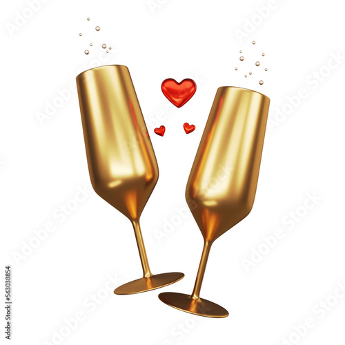 Champagne glasses icon. Gold wine glasses with inscription love. Two champagne glasses. Valentines day. Golden glasses. Wedding. Love. Heart 3d rendering. 3d Illustration.