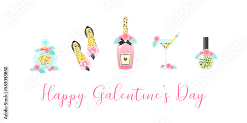 Happy Galentine's Day card template. Beautiful illustration of a fragrance bottle, shoes, a champagne, a cocktail glass and a nail polish on a white background. Vector 10 EPS.