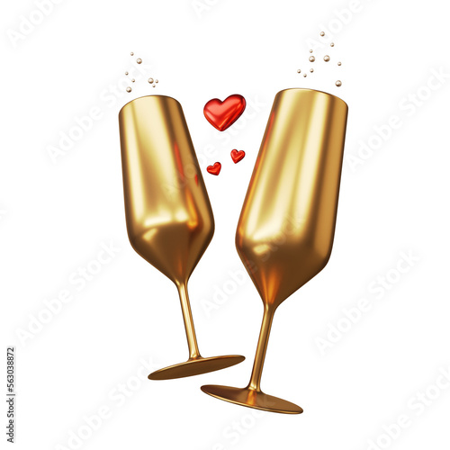 Champagne glasses icon. Gold wine glasses with inscription love. Two champagne glasses. Valentines day. Golden glasses. Wedding. Love. Heart 3d rendering. 3d Illustration.