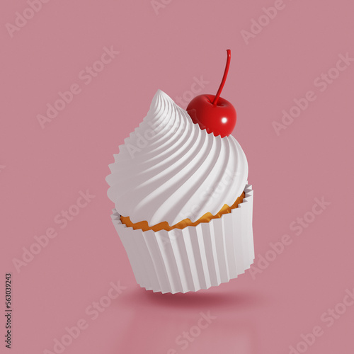 Fotobehang Sweet food icon. Cupcake with cherry. 3d render