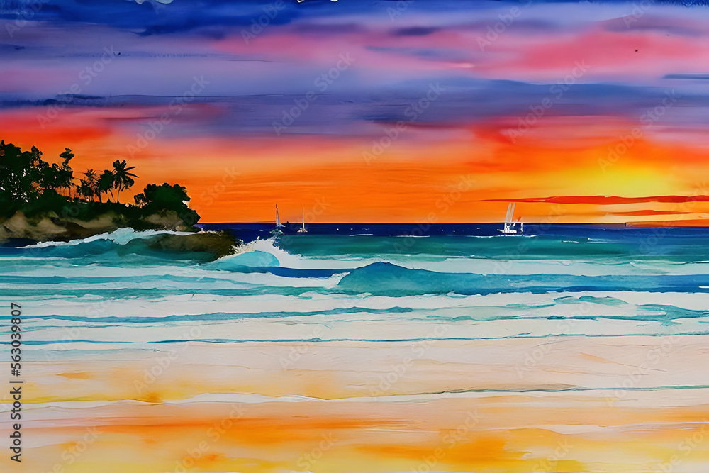 watercolor sunset on the beach