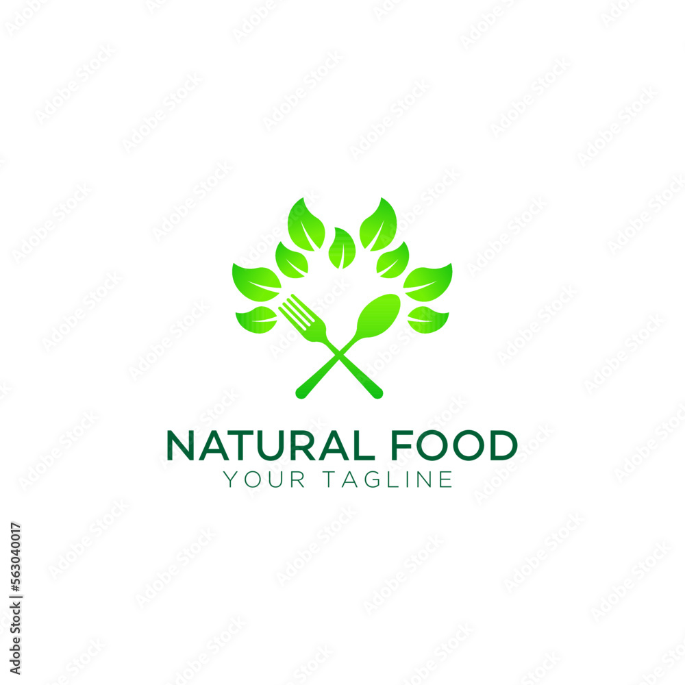 Healthy food logo with leaf elements, Restaurant logo with spoon and fork icon, Cafe or restaurant emblem