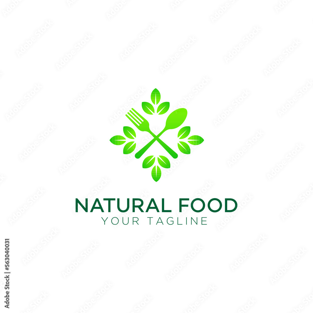 Healthy food logo with leaf elements, Restaurant logo with spoon and fork icon, Cafe or restaurant emblem Healthy food logo with leaf elements, Restaurant logo with spoon and fork icon, Cafe or restaurant emblem