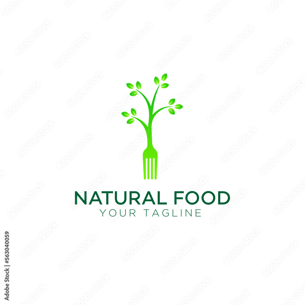 Obraz premium Healthy food logo with leaf elements, Restaurant logo with spoon and fork icon, Cafe or restaurant emblem