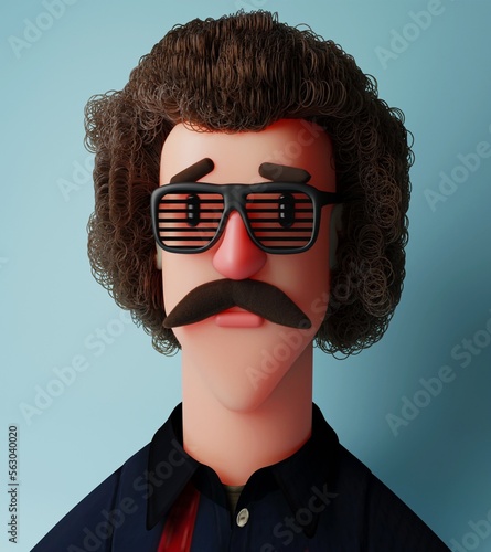 Tablou pe pânză handsome cool 3d character with mustache in sunglasses with long curly hair