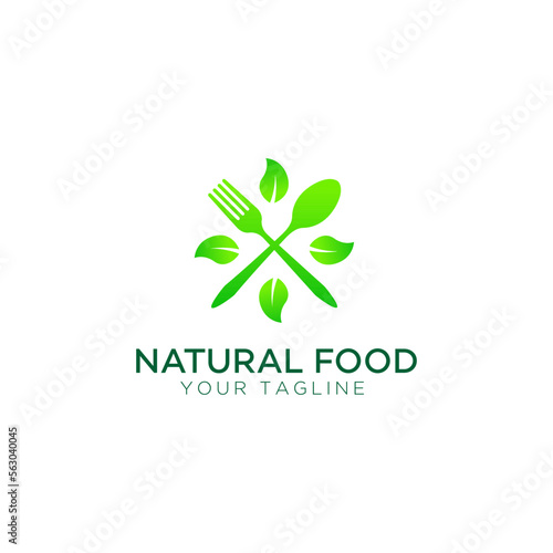 Healthy food logo with leaf elements  Restaurant logo with spoon and fork icon  Cafe or restaurant emblem