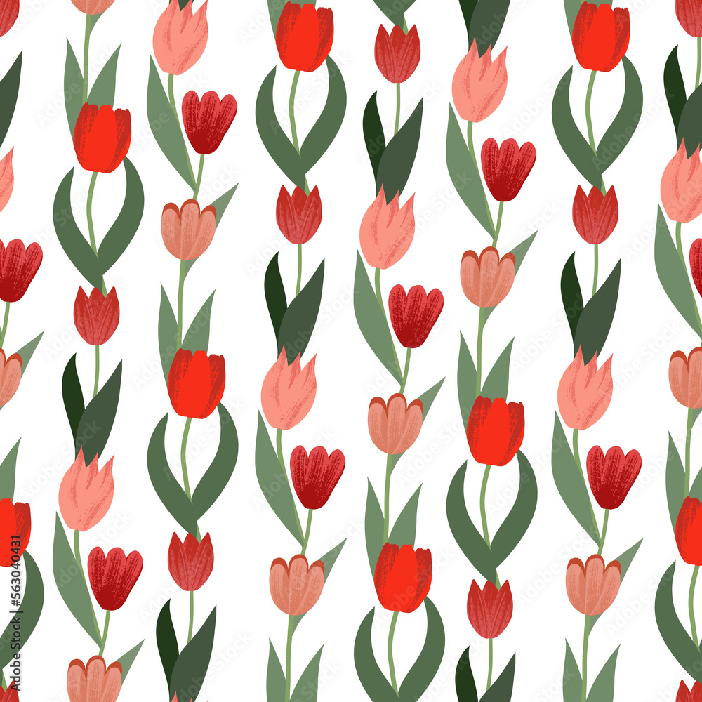 Seamless flower pattern, Flat design floral background, Tulips repeat print, Colored garden illustration wallpaper, Spring flower design, Blooming tulip ornament Seamless flower pattern, Flat design floral background, Tulips repeat print, Colored garden illustration wallpaper, Spring flower design, Blooming tulip ornament