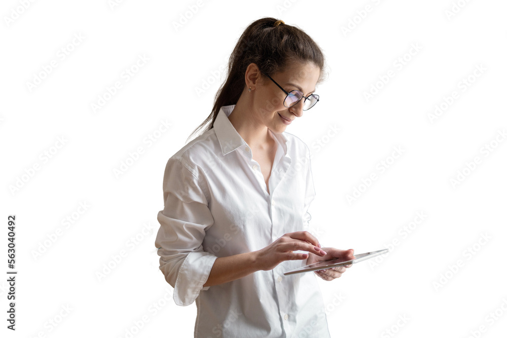 Female manager white shirt office using a tablet in the hand of an office employee, isolated transparent background. Female manager white shirt office using a tablet in the hand of an office employee, isolated transparent background.