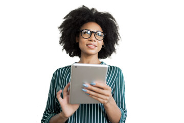 Business person woman glasses white shirt office using tablet office employee, isolated transparent background.