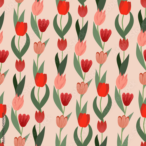 Seamless flower pattern,  Flat design floral background, Tulips repeat print, Colored garden illustration wallpaper, Spring flower design,  Blooming tulip ornament