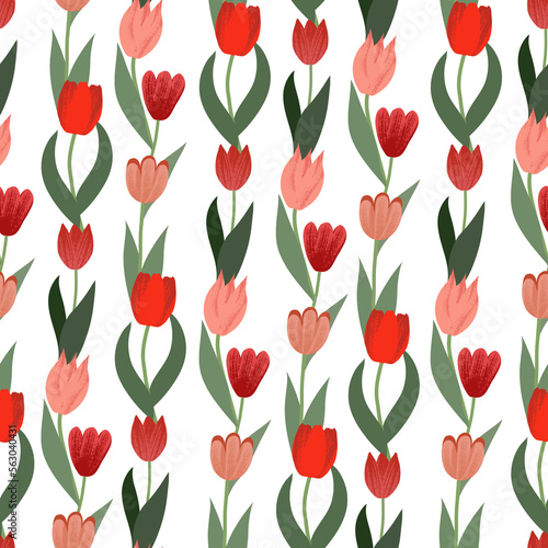 Seamless flower pattern, Flat design floral background, Tulips repeat print, Colored garden illustration wallpaper, Spring flower design, Blooming tulip ornament