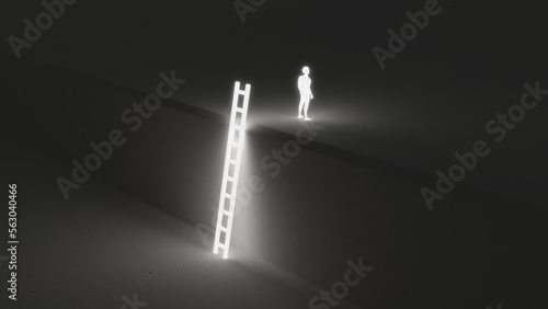 Glowing neon ladder with man climbing to the next level selv improvement concept side view 3D illustration