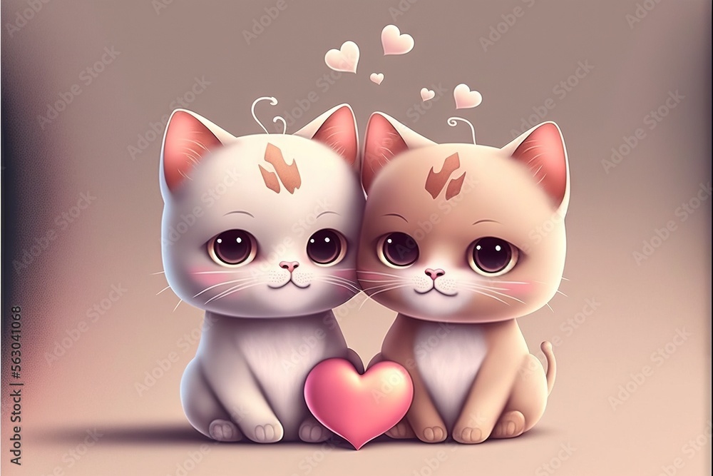 Fototapeta premium Couple of Kittens Valentines day illustration generative Ai.