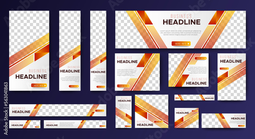 Business Headline web banners of standard size with a place for photos. Black and yellow. Vertical, horizontal and square template. 