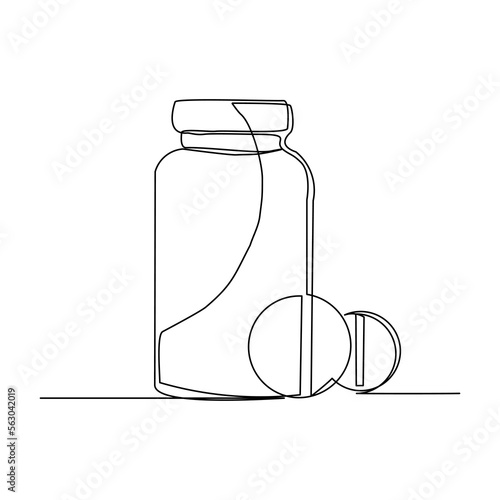 Continuous single one line drawing of medicine pill or capsule bottle. Vector illustration of container medical drug pharmacy care.