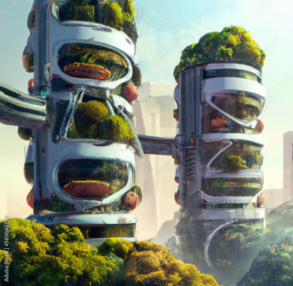 The picture depicts a futuristic city with tall green buildings. These ...