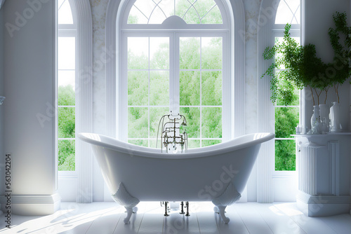 Scene of luxury bathroom  interior of spacious white bathroom with bathtub placed near panoramic arched window. Generative AI image.
