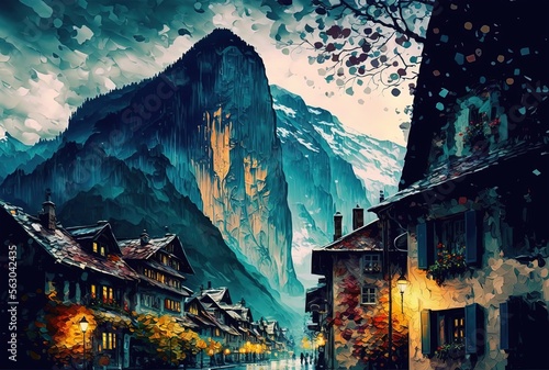 oil painting style illustration of beautiful valley village, inspired from Lauterbrunnen village Switzerland Generative Ai 