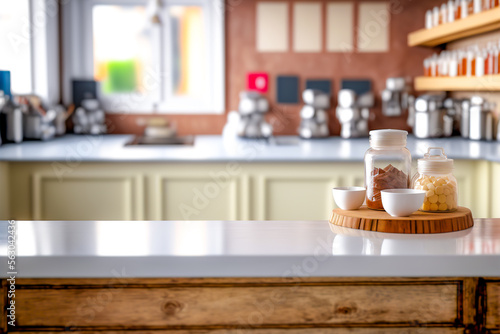 Mockup of kitchen counter with dishware in kitchen of empty white kitchen counter as display in light kitchen with jars placed on top. AI generated image.