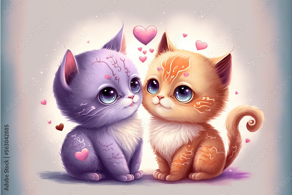 Fototapeta premium Couple of Kittens Valentines day illustration generative Ai.