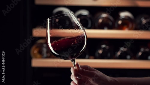 Close up female hand swirling red wine in wine glass. Wine expert tasting, rating and drinking wine, bottles in background. Slow motion video.