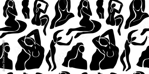 Abstract black and white women seamless pattern. Background illustration of flat cartoon woman figures, young vintage art female wallpaper. Backdrop design for fashion fabric or modern trend print.