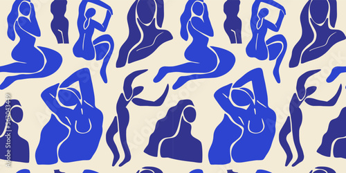 Abstract blue women seamless pattern. Background illustration of flat cartoon woman figures, young vintage art female wallpaper. Backdrop design for fashion fabric or modern trend print.