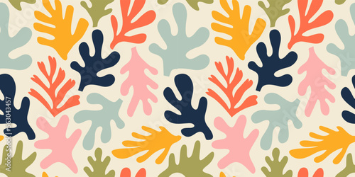 Abstract leaf cutout shapes seamless pattern. Trendy colorful freehand leaves background design. Vintage art decoration wallpaper, childish nature symbols.	