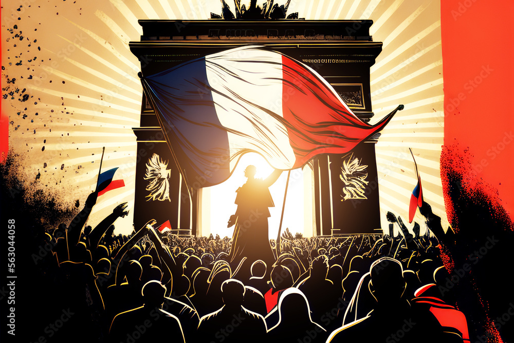 Manifestations en France. Gilets jaunes en grève. Réforme des retraites. Mouvement social, mobilisation générale. Illustration style dessin à la main. Generative AI