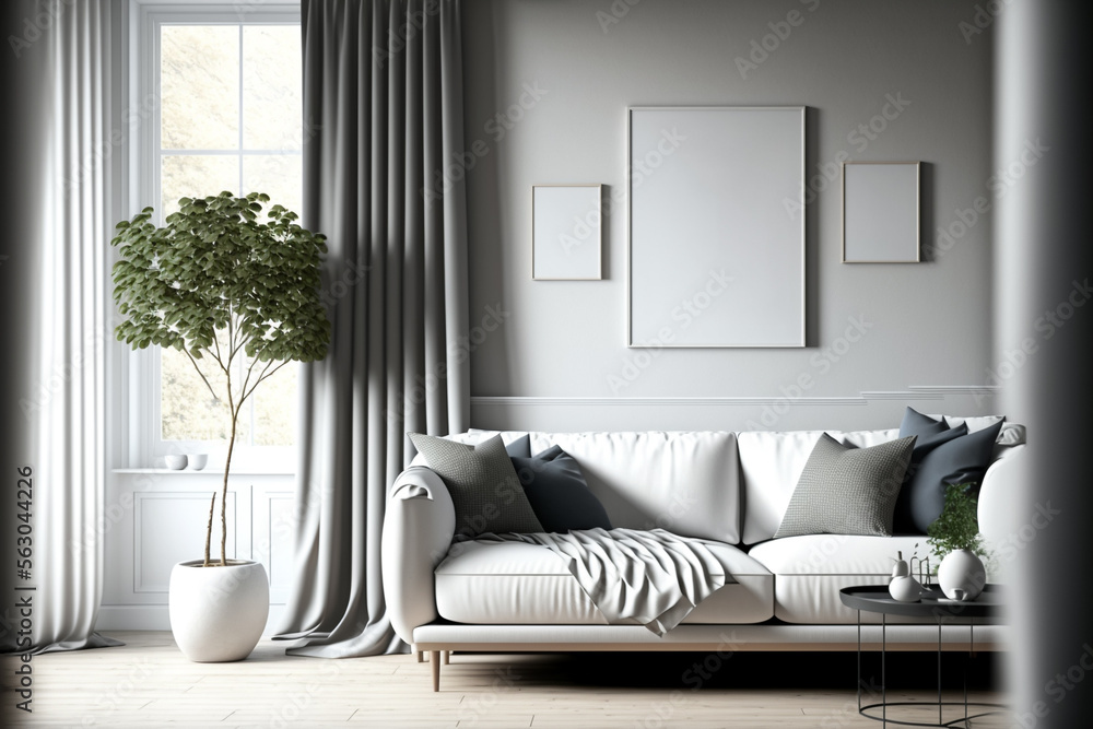 Mockup poster frame on the wall of the modern Scandi Style living room ...