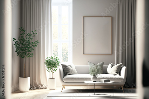 Mockup poster frame on the wall of the modern Scandi Style living room. Scandi Style interior. Luxurious background with contemporary design. Modern interior design  generative ai.