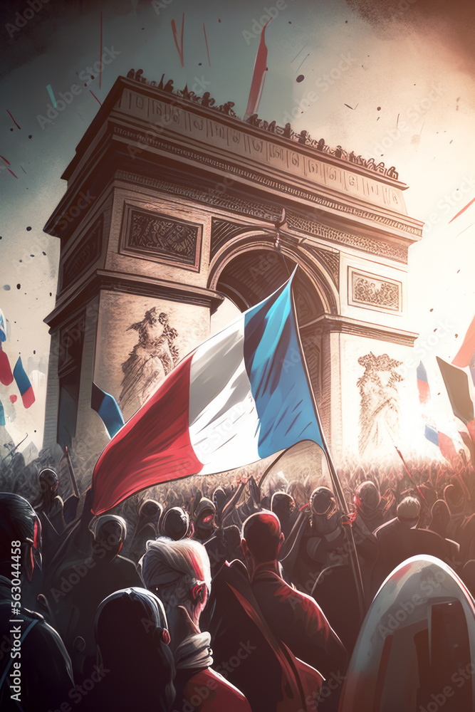 Manifestations en France. Gilets jaunes en grève. Réforme des retraites. Mouvement social, mobilisation générale. Illustration style dessin à la main. Generative AI