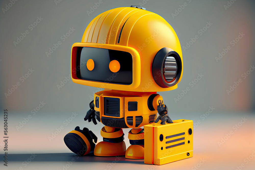 Fototapeta premium Engineer robot with 3d rendering cute and small artificial intelligence assistant robot wear yellow helmet