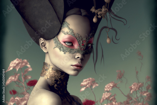 Whimsical surreal portrait of a woman with mask, masquerade carnival, Generative AI