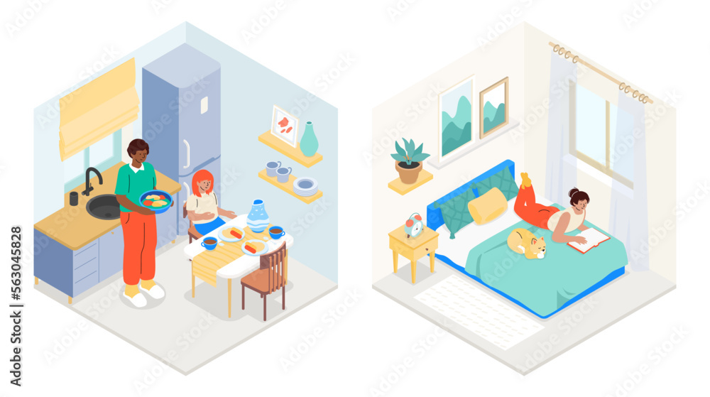 Kitchen and bedroom - flat design style illustration set