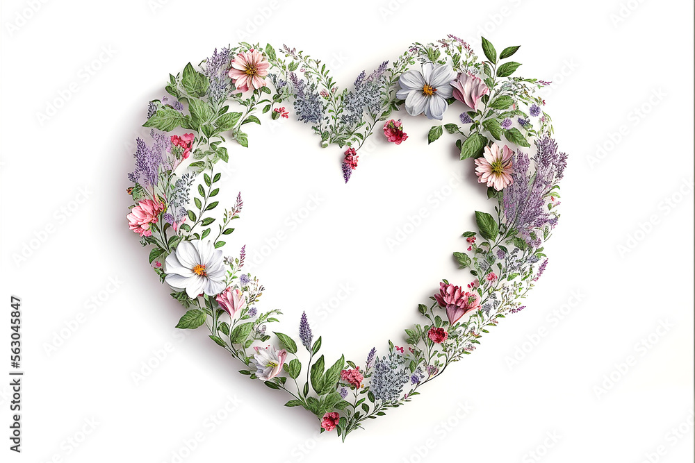 Heart shape frame made of fresh bright flowers isolated on white background. Valentines day, wedding, love, spring concept. Generative AI